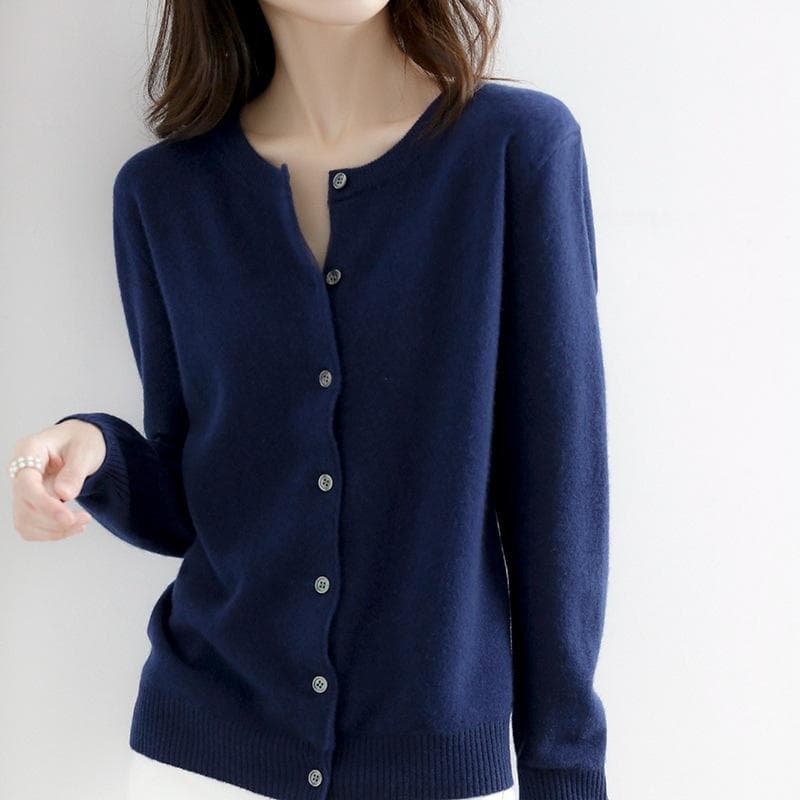 Spring and Autumn knitted sweater women's cardigan jacket solid color round neck Slim knitted outer sweater S dark blue