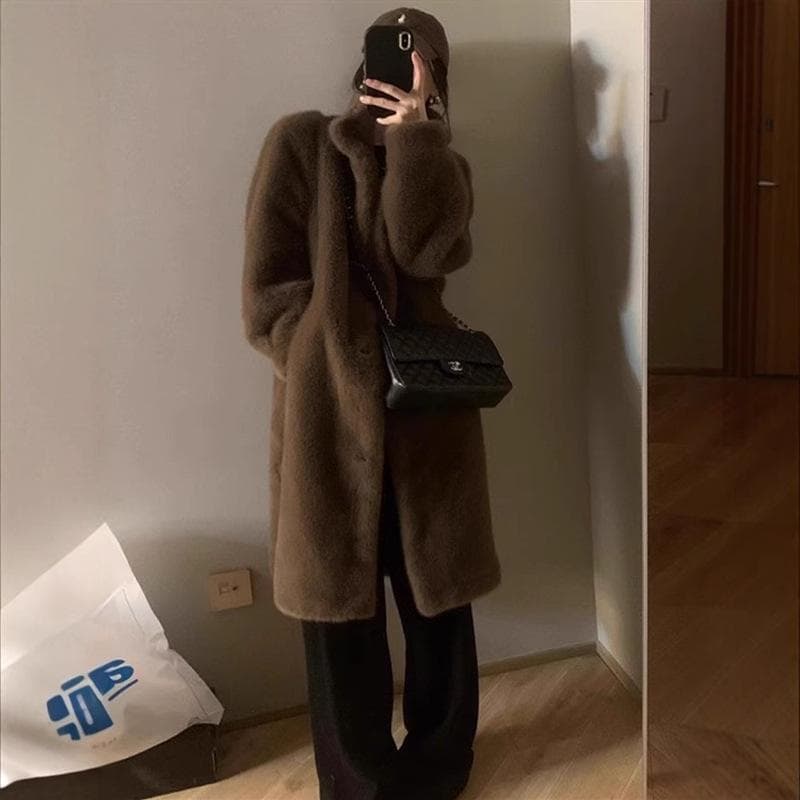 Winter Young Mink Long Stand-up Collar Fur All-in-one Imitation Mink Plush Eco-friendly Fur Coat for Women M