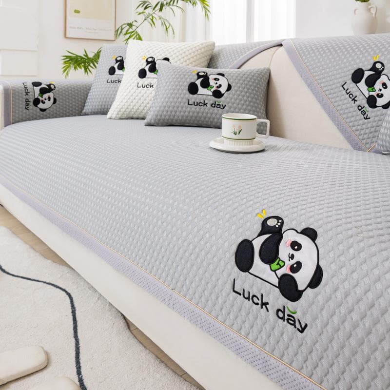 Summer Ice Silk Sofa Cover Panda Embroidered Cartoon Couch Cushion Home Decor Settee Cushion Solid Color Cool Feeling Sofa Cover 70x70cm 1pcs