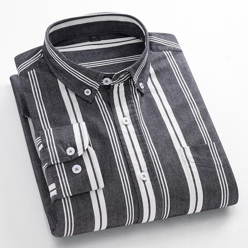 Men's Striped Long-Sleeve Dress Shirts Button Down Breathable Casual Vintage Loose Cotton Shirts Stylish Solid Oxford Business Shirt for Men 43/3XL