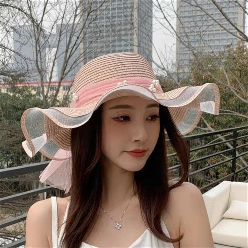 1PC Women Foldable Floppy Straw Hat Pearl Silk Ribbon Wide Brim Sun Hat Beach Cap Summer Sunshade Visors UV Protection Travel Hats Bucket Caps pink
