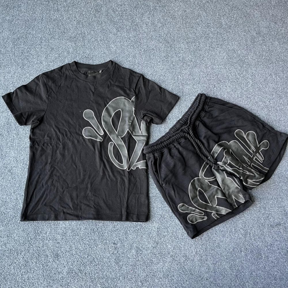 Synaword Men's Trendy American Foam Letter Print T-Shirt & Shorts Set M black