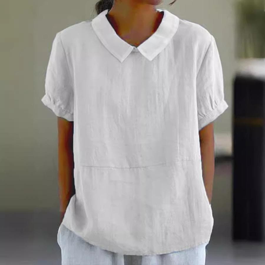 Womens Casual Peter Pan Collar Blouse Summer Loose Cotton Blouse Linen Tops Solid Color Short Sleeve Casual Ladies Breathable Shirt M white