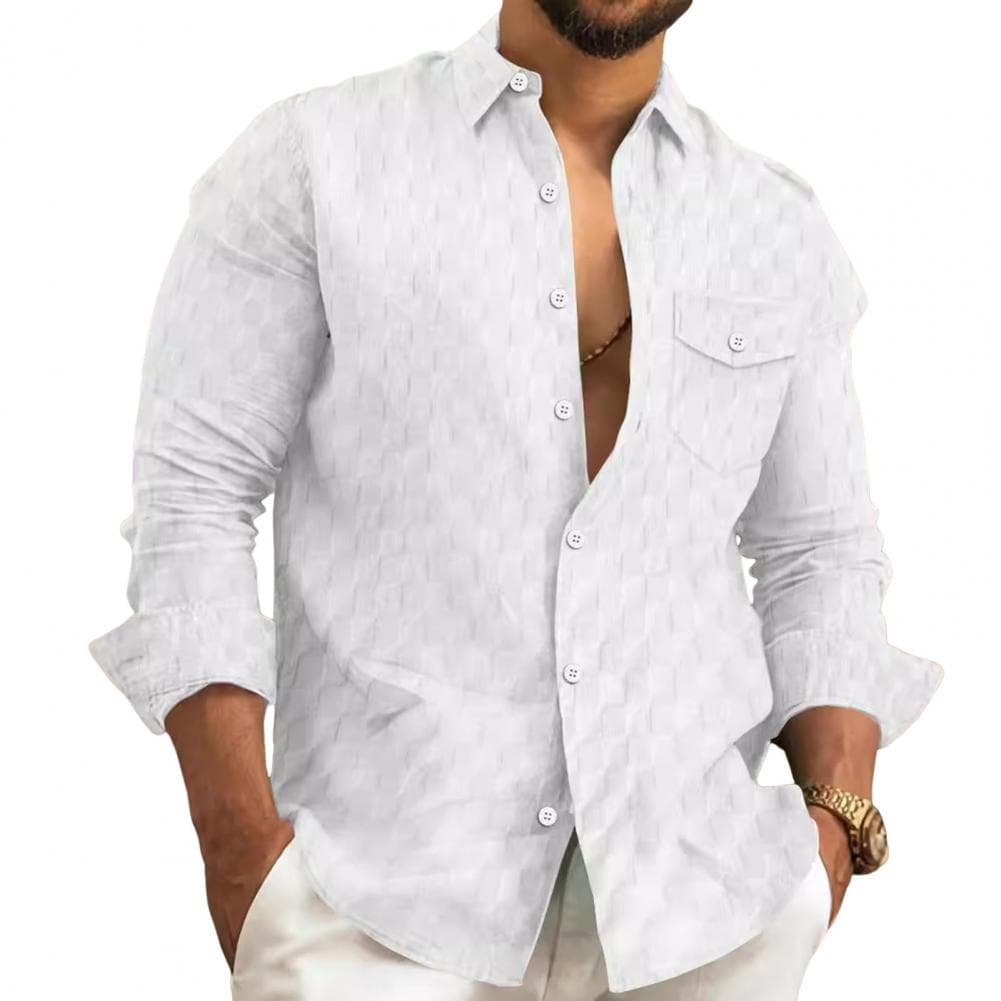 Fall Spring Men Shirt Button Turn-down Collar Long Sleeves Loose Plaid Applique with Chest Pocket Daily Wear Business Bottoming M white