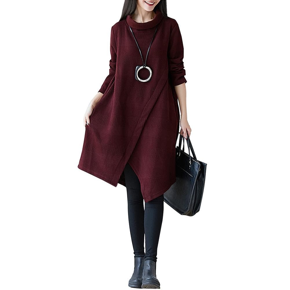 Autumn and Winter Casual Women Solid High Neck Underlay Loose Long Sleeve Sweater Dress Irregular L burgundy