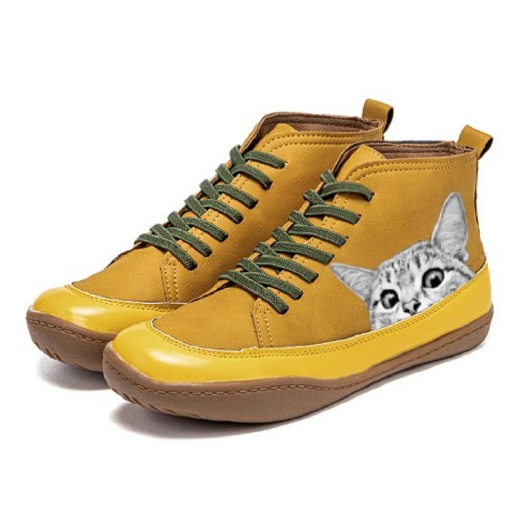 Printed Cat Casual Shoes Women's European and American Round-toe Platform Shoes 43 yellow