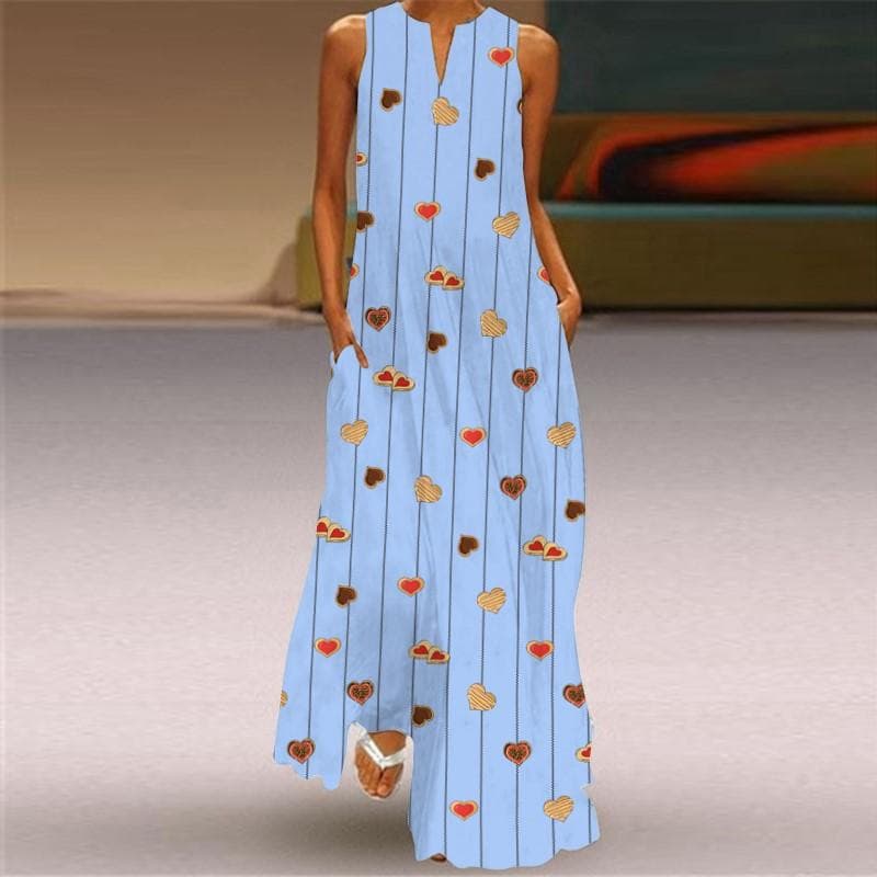 Summer Women's Dress Sleeveless Dress V-neck Print Dress M