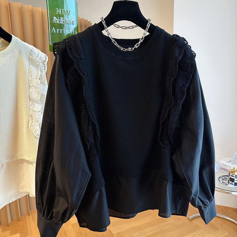 Lace Knitted Sweater Splicing Shirt Women's Autumn Dress Beautiful Fake Two Foreign Style Sweater Top 2XL black