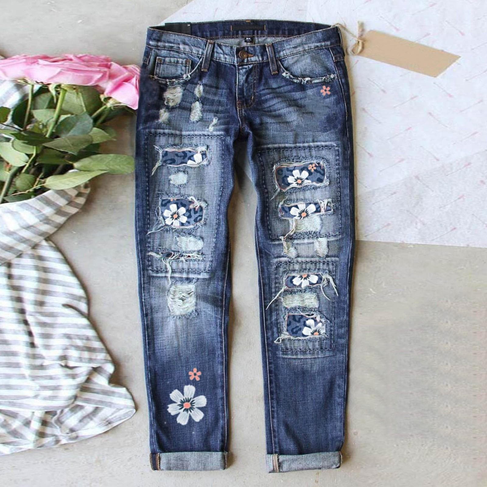 Women's Blue Flower Printed Stretch Jeans High Waist Trousers Patch Ripped Destroyed Denim Pants Skinny Pants XL