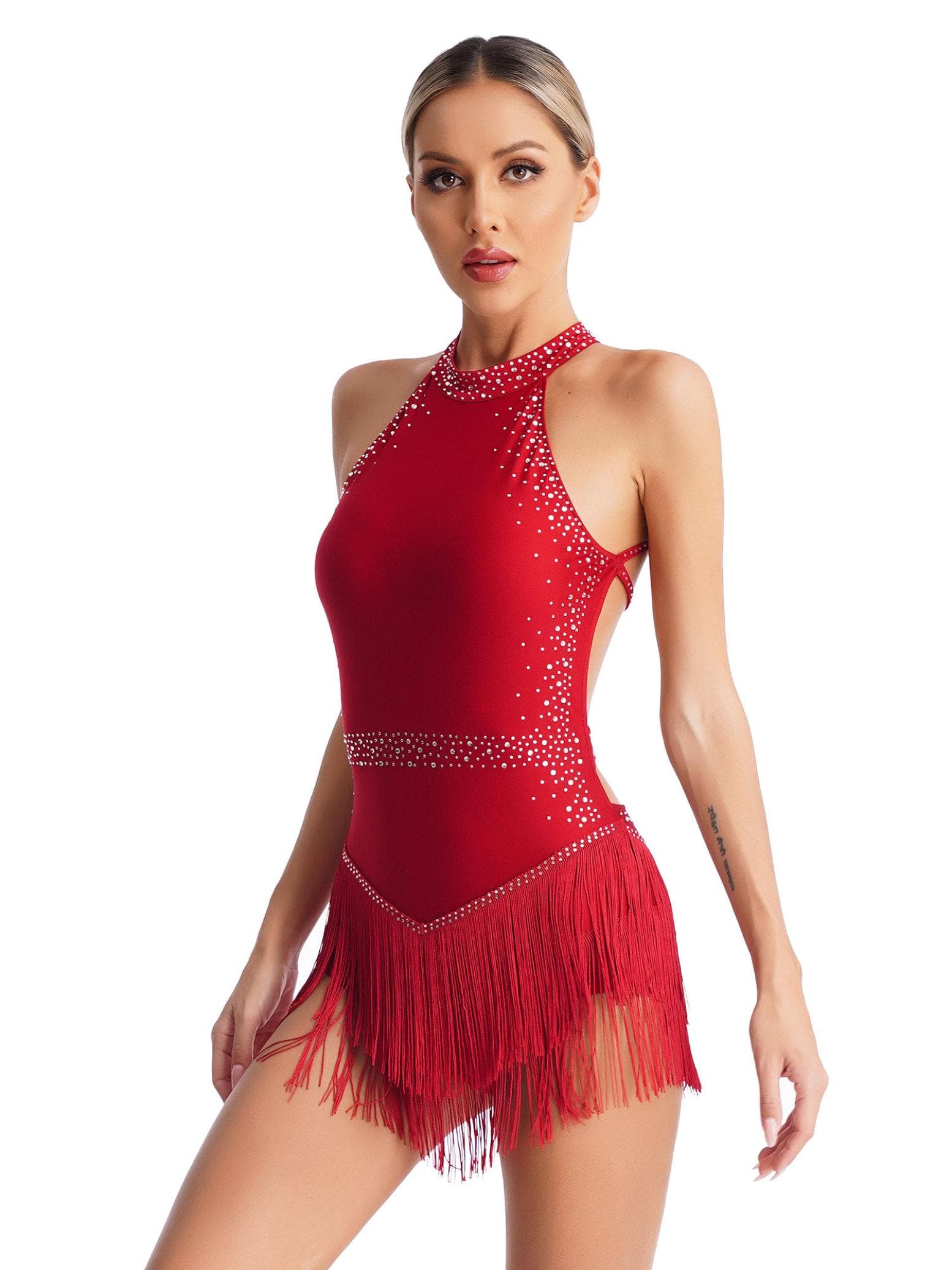 Women Latin Tango Salsa Dance Costume Tassel Dance Leotard Halter Sleeveless Dancewear Backless Fringe Bodysuit XXL burgundy