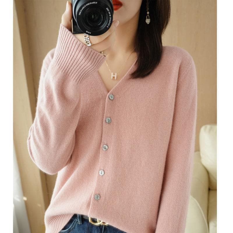 Women Cardigans Autumn Winter Single Breasted Knitwears Long Sleeve V-neck Knit Cardigan Korean Fashion Spring Casual Sweater L pink