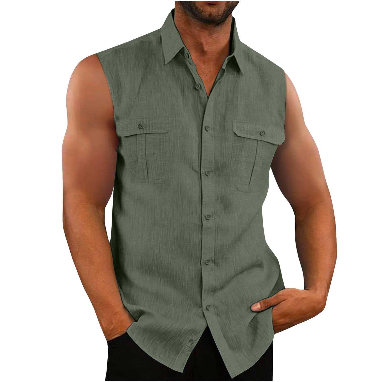 Men's Shirt Double Pocket Cotton Linen Sleeveless Shirt Comfortable and Breathable Men's Tank Top L green