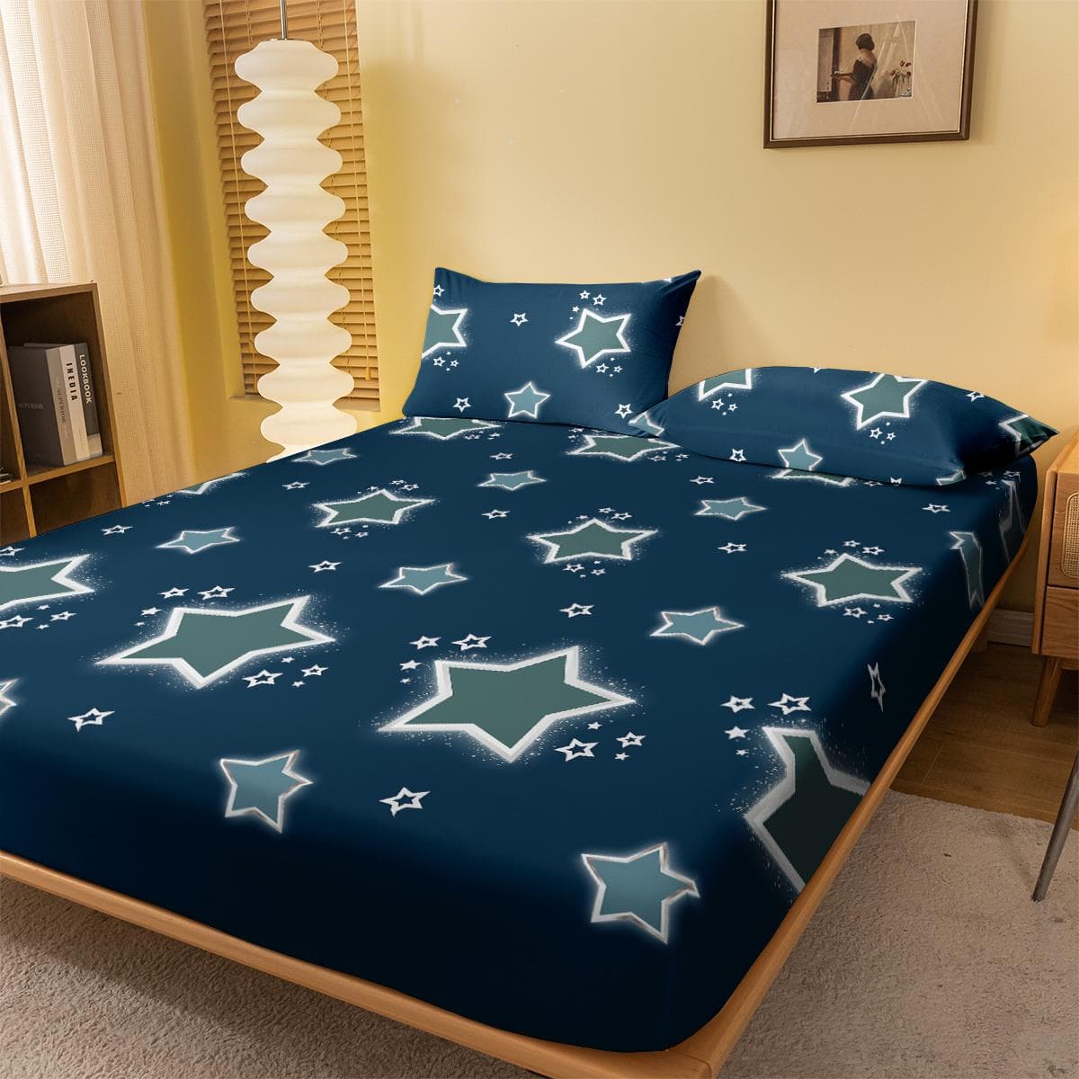 1 Simple Modern Star Printed Matte Fitted Sheet, Bedroom Printed Bed Cover, Bedding (Excluding Pillowcases) 100x200cm