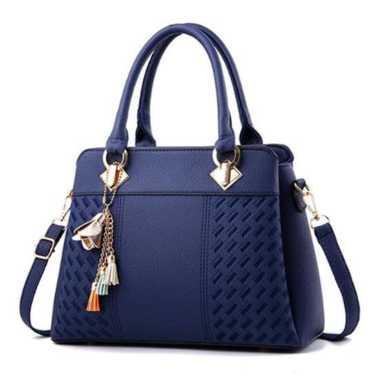 Women Tassel Leather Handbags Tote Top-handle Embroidery Shoulder Bag 31cm*14cm*23cm dark blue