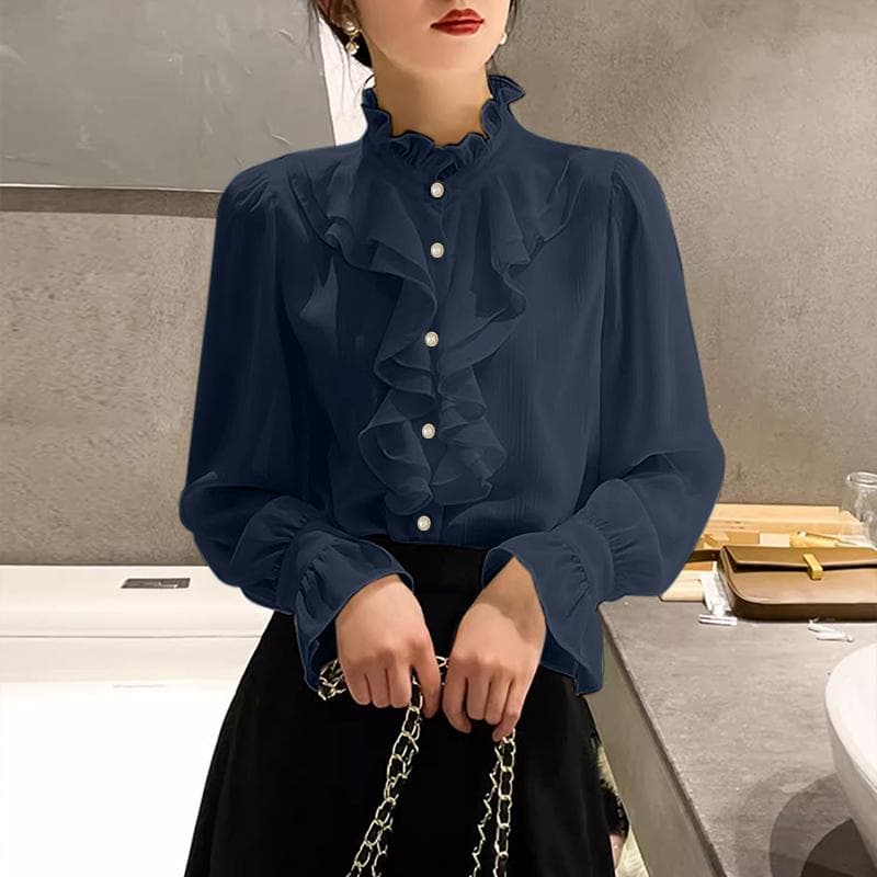 ZANZEA Women Casual Stand Collar Long Sleeve Ruffles Splice Blouse M Dark blue
