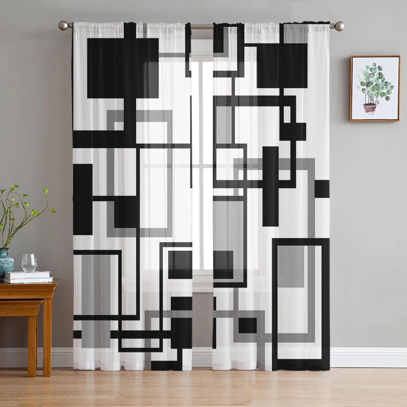 Geometric Black White Gray Voile Sheer Curtains For Living Room Window Chiffon Tulle Curtain Kitchen Bedroom Drapes Home Decor 135W x 114H(cm)