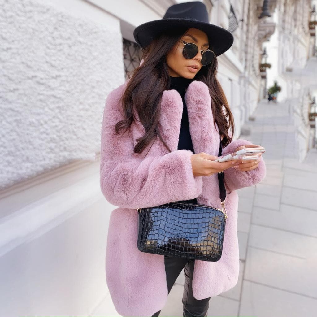Women's Coat Winter Thickened Warm Faux Fur Coat Medium-length Lapel Women's Coat S pink
