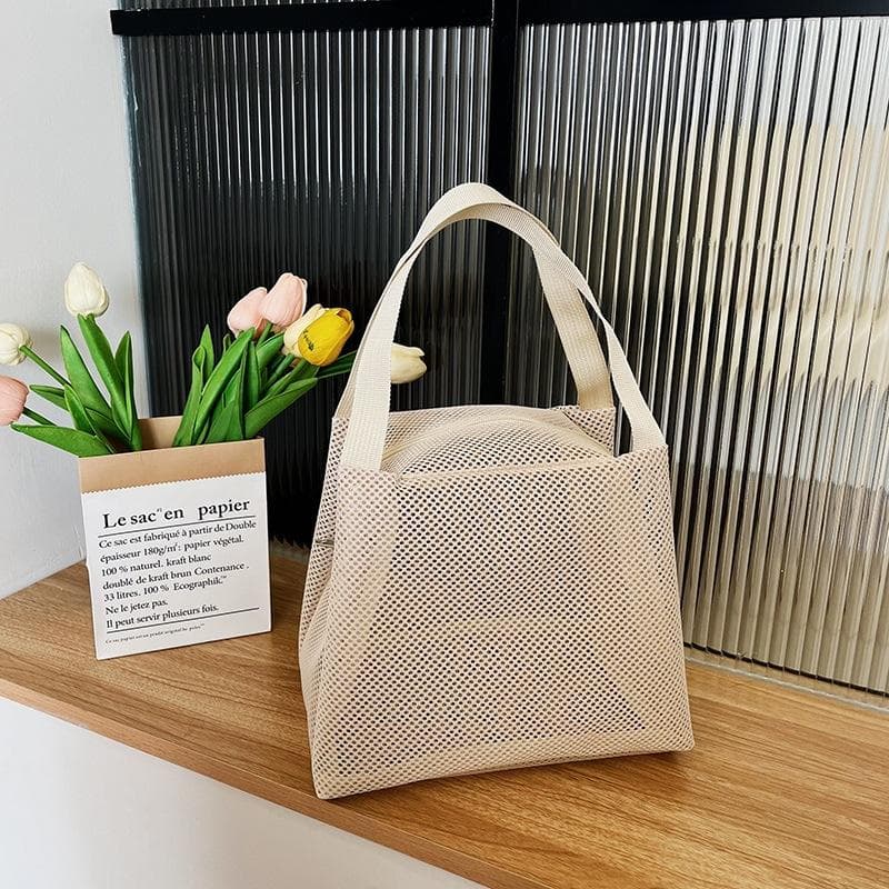 Large Capacity Mesh Bag With Handle Travel Toiltery Makeup Bag Portable Beach Bag Cosmetic Zipper Pouch beige