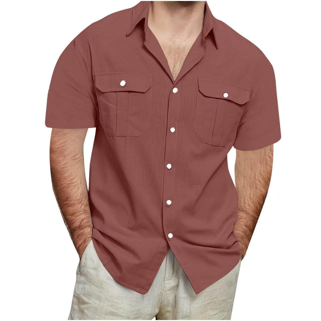 Summer Men's Short Sleeve Double Pocket Shirts Solid Color Loose Casual Shirt Men 5XL wine red