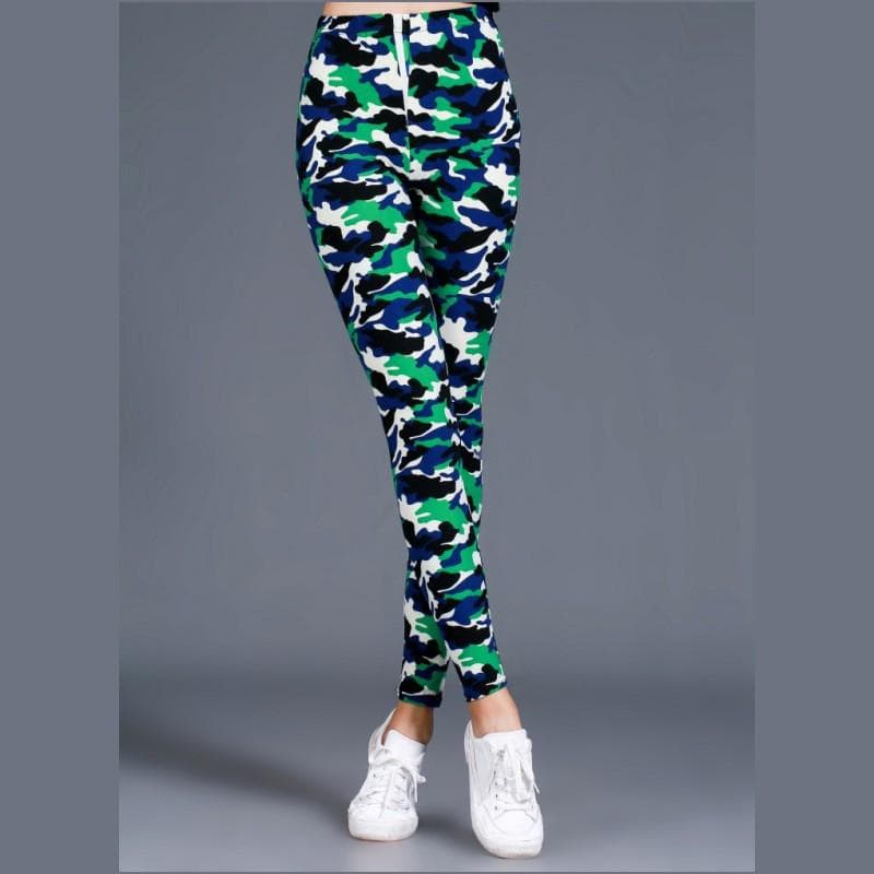 Fashion Women Camouflage Printing Yoga Leggings Girl Slim Cropped Trousers High Elasticity Skinny Casual Legging Pants One Size (50-70 kg) green