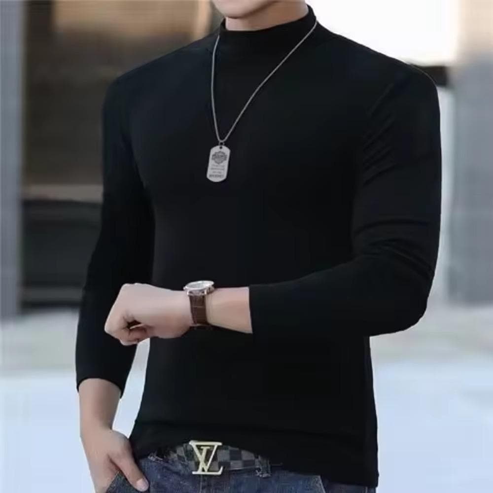Autumn Winter Men's Mock Neck Long Sleeve Slim Fit Solid Color High Elastic Bottoming Pullover Basic Style Male Top S black