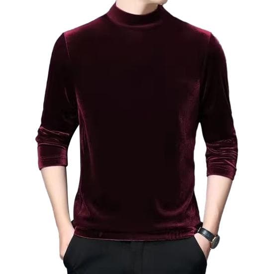 Men Fall Spring Top Thin Half-high Collar Solid Color Warm Soft Casual Long Sleeve Velvet Elastic Pullover Slim Fit T-Shirt Male Clothes L red