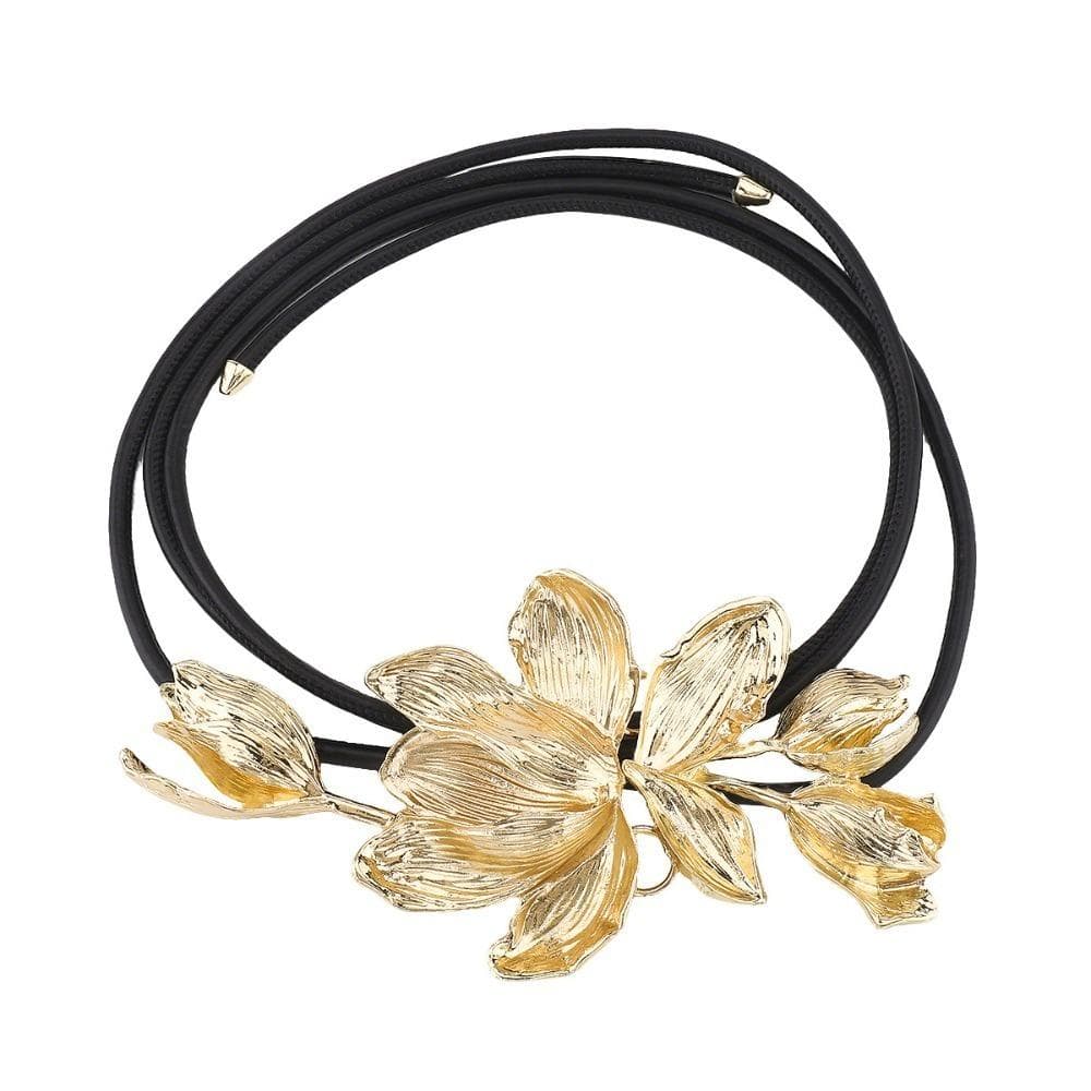 Elegant Zinc Zinc Alloy Flower Belt Large PU Leather Rope Belt Thin Rope Tulip Waist Chain Ladies Jeans gold