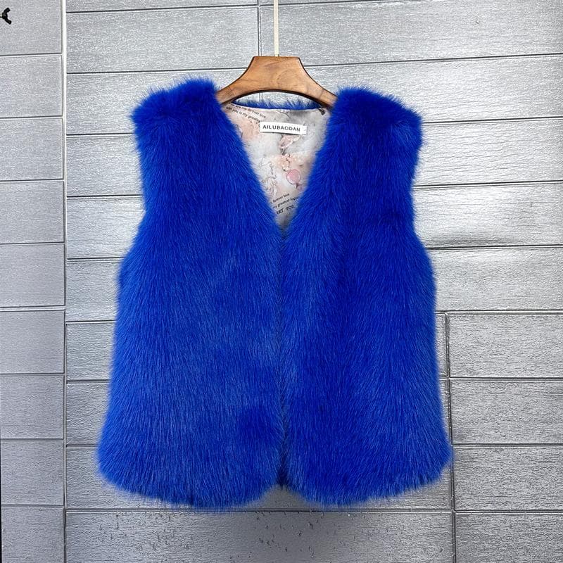 Women'S Faux Fur Vest Short Sleeveless Warm Winter Furry Cardigan Jacket Vest Temperament Versatile Candy Color Open Front Vest XS royal blue