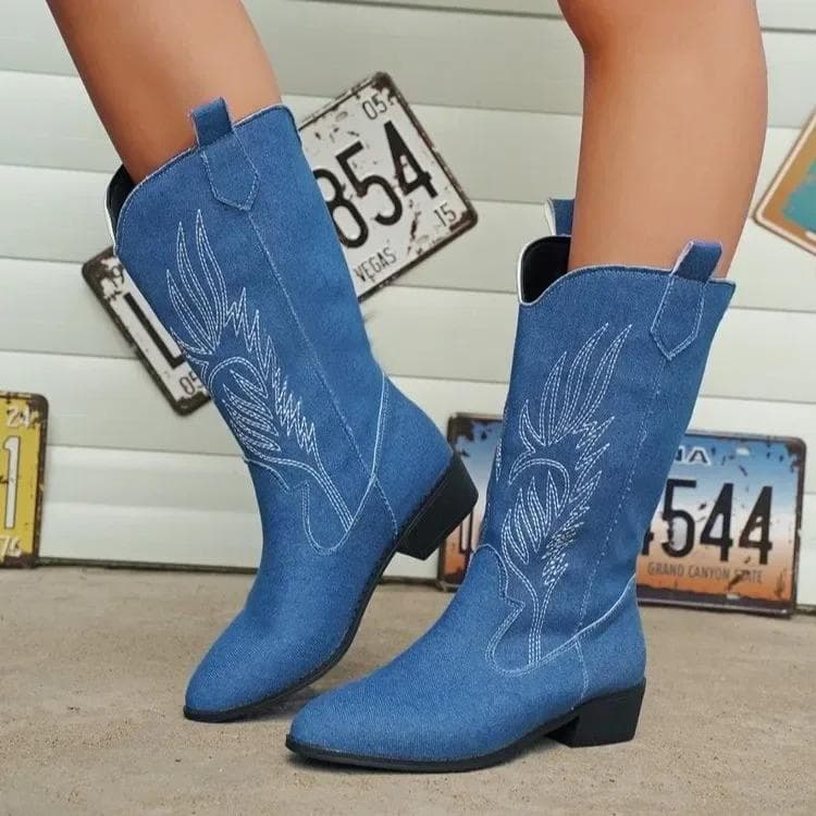 Fashion Women Fashion Slip on Knight Boots Ladies Autumn Winter Thick Sole Knight Boots Pointed Toe Square Heel Embroidered Cowboy Boots 37 denim