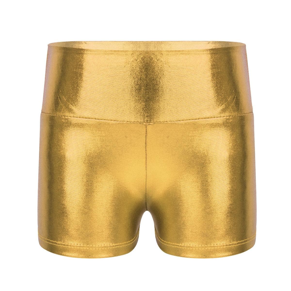 Kids Girls Metallic Shiny High Waist Dance Shorts Bottoms Activewear Sports Gymnastic Workout Pants gold