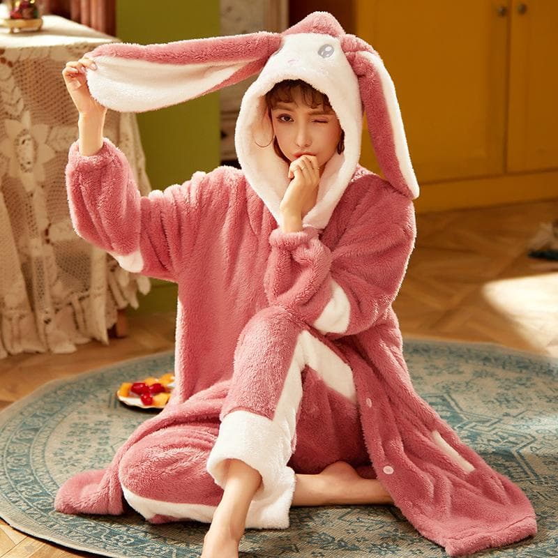 Cartoon Thicken Kimono Bathrobe Women's Dressing Gown Pajamas Hooded Robes Coral Fleece Sleepwear Winter Coats for Home Clothes L