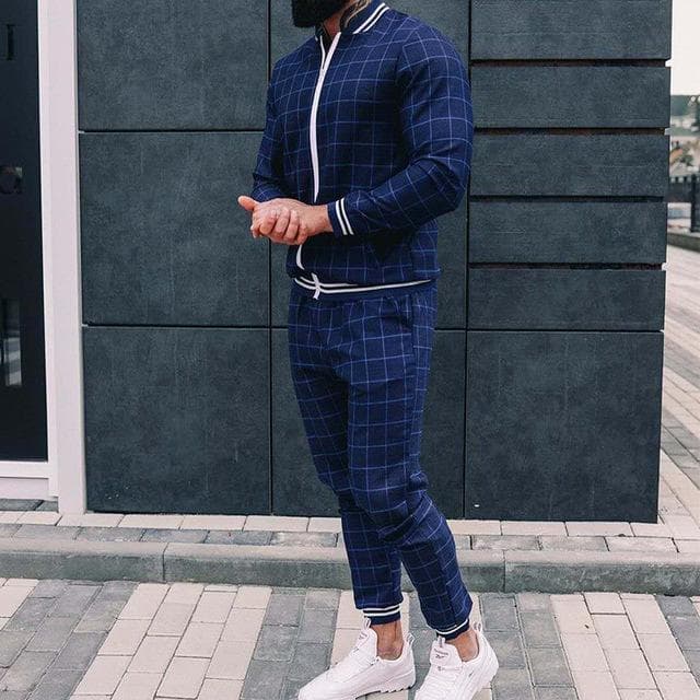 New Gentleman Plaid Men's Tracksuit Sets Casual Zipper Jacket Coat Sports Suit High Quality 3D Print Fashion 2-Piece Men Clothes XXL
