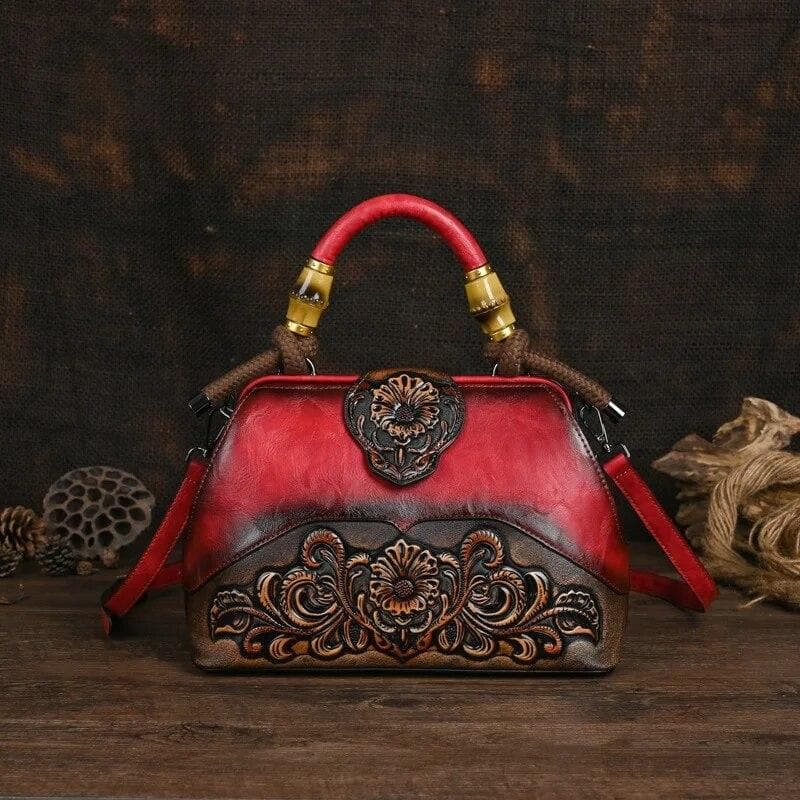 Ladies Luxury Handbag 2024 New Vintage Handmade Leather Carved Women Tote Bag Versatile Female Shopping Shoulder Crossbody Bags red