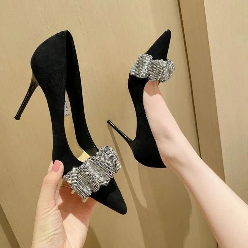 WTEMPO  Elegant Thin Heeled High Heels Women's Temperament Versatile and Not Tiring Pointed Toe Rhinestones Black Work Shoes Dropshipping Wholesale 40 black