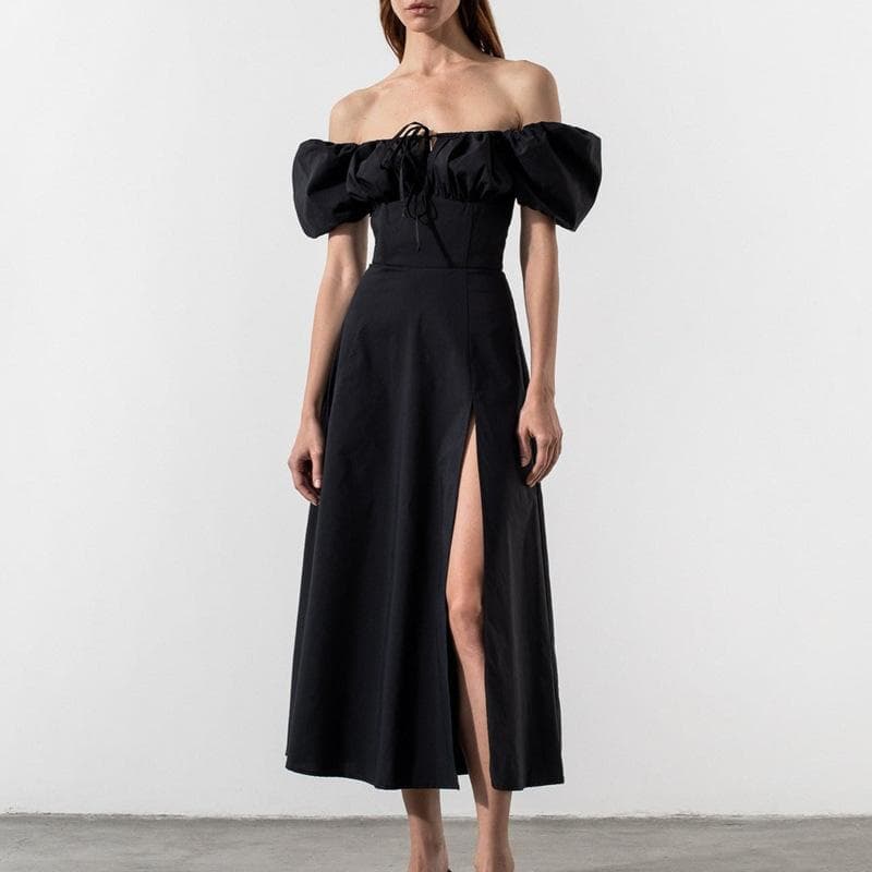 Spring Holiday Style French Dress Women's Temperament Sexy One-shoulder Lace-up Slit Long Skirt 3XL black