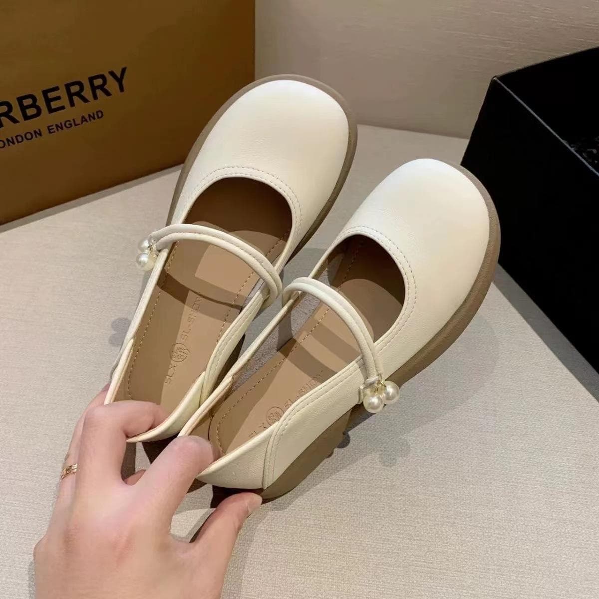 Women Fashion Pearl Mary Jane Shoes Square Toe Leather Shoes Dress Flat Shoes 35 beige