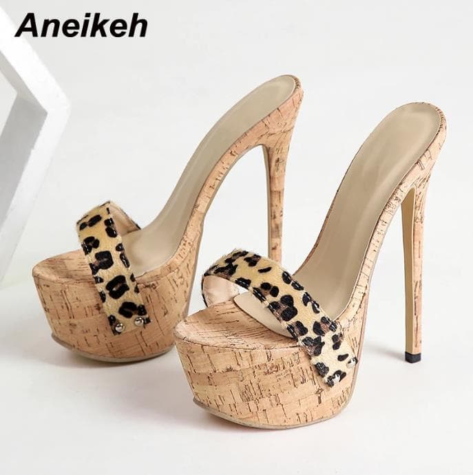 Aneikeh Sexy Leopard Platform Sandals High Heels 2024 Summer Slippers Mules Ladies Fashion Peep Toe Slip On Club Shoes Sliders 42 chocolate