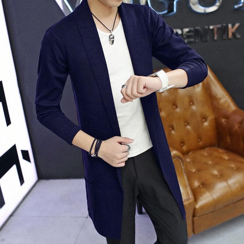 Men Cardigan Jacket Long Knitted Coat Cardigan Coats Solid Color Sweater Coats Knitted Jacket L navy blue