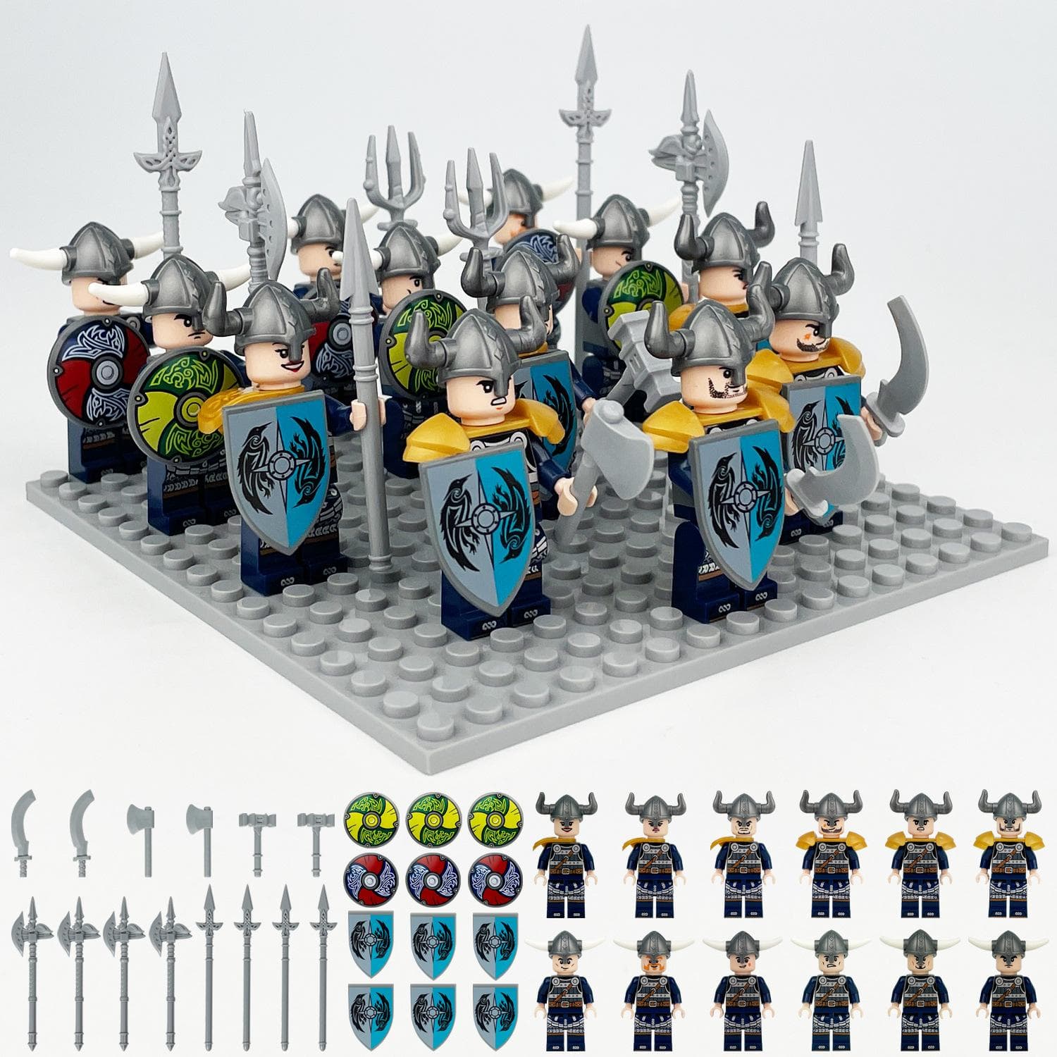 12pcs Medieval Viking Gray Horned Bull Warrior Soldier Character Building Block Toy