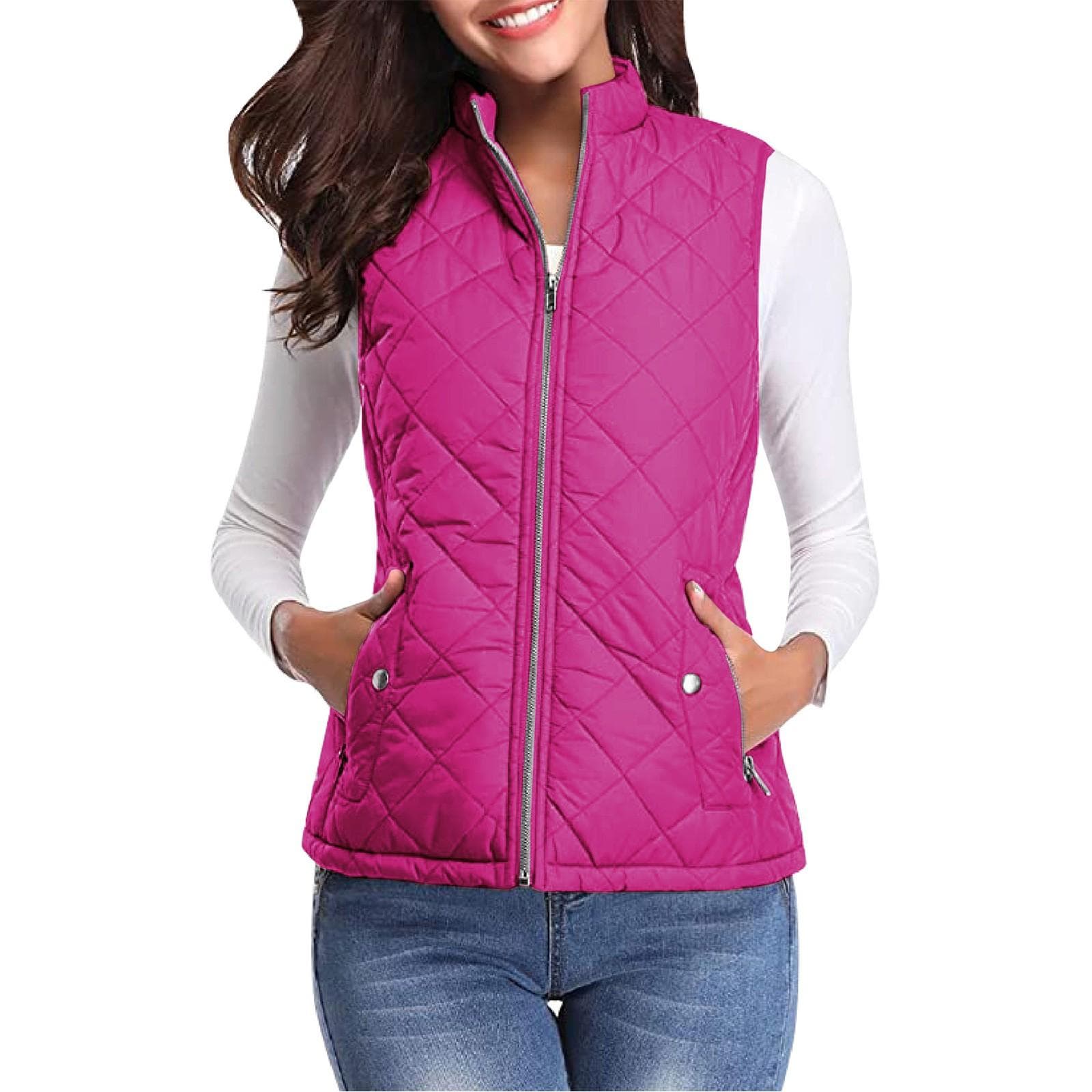 Women's Fashion Casual Solid Color Stand Collar Zipper Pocket Warm Cotton Vest Coat XXL hot pink
