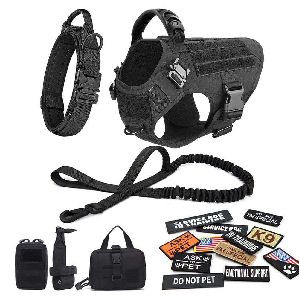 Military Large Dog Harness Collar Leash Bags Patches Set Pet Malinois Training Vests Tactical Dogs Harnesses Accessories XL