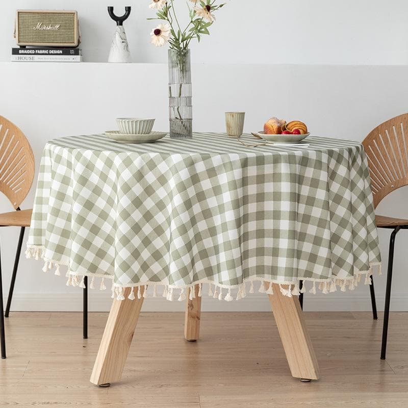 Round Grid Cotton Linen Printed Tablecloth Waterproof Oil-proof Anti-Scalding Table Cloth Coffee Kitchen Dining Table Tablecloth Round-Dia-120cm