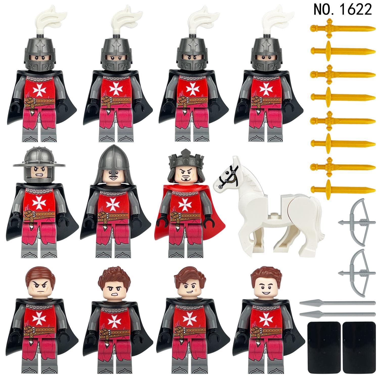 1622 Medieval Soldier Small Particle Cartoon Knight Regiment Figure White Horse Shield Accessories