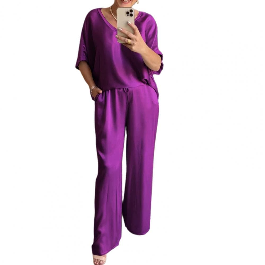Women Wide Leg Trousers Suit Elegant Satin Top Wide Leg Pants Set for Women V Neck Blouse with Drawstring Waist Loose for Ladies M purple