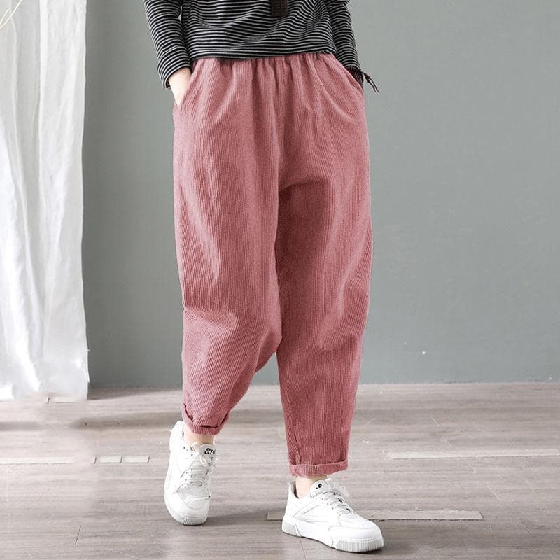 Women Pants Elastic Waist Corduroy Harem Pant Loose Solid Pockets Oversize Streetwear Trousers XXXXL pink