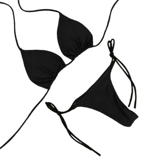 Solid Color 2 Pcs/Set Bikini Set Halter Neck Strap Thong Women Swimsuit Set L black