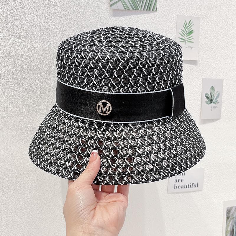 Korean High-end Hollow Breathable Sunscreen Sunshade Flat Top Hat Woven Top Hat Temperament British Style Bucket Hat S 54-56cm black