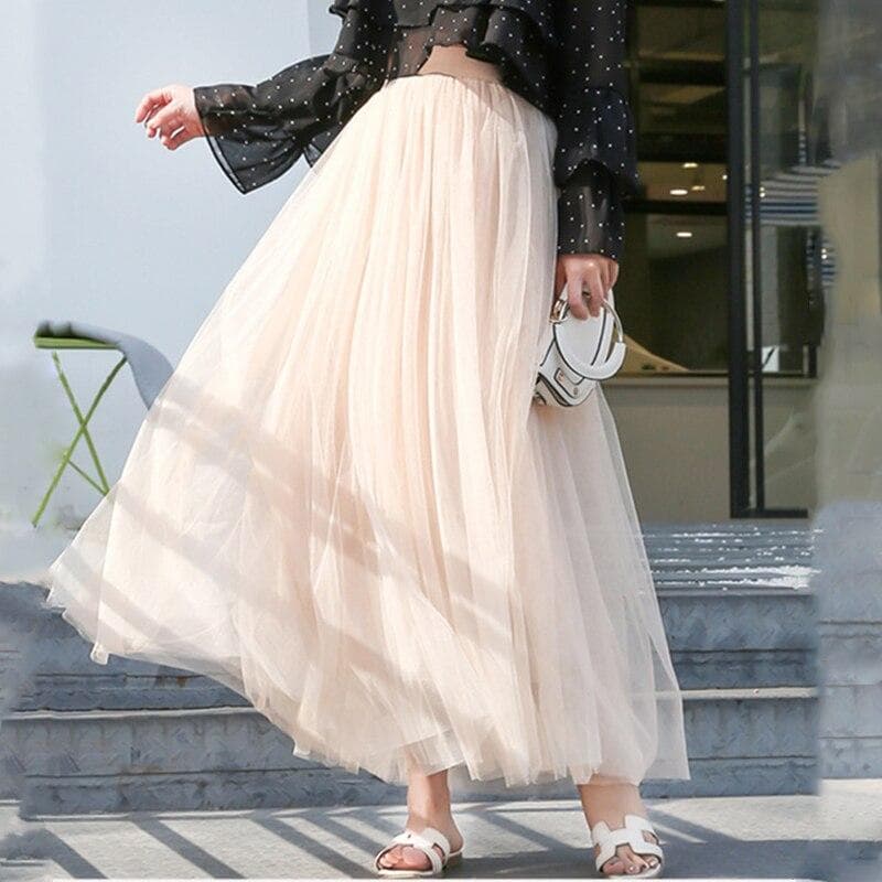 Qooth Elastic Waist 3 Layers Mesh Long Tulle Skirt Spring Autumn Elegant Vintage High Waist Ball Gown Gauze Tutu Skirt QT2001 S beige