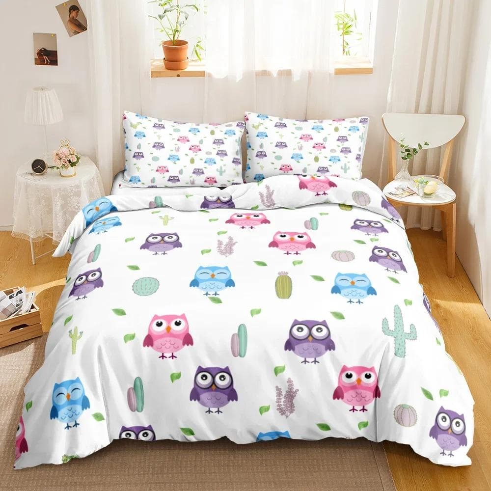 Cartoon Owl Bedding Set 3D Wildlife Print Comforter Cover Bird Animal Duvet Cover King Size Nighthawk Soft Polyester Quilt Cover 70x133cm 2pcs