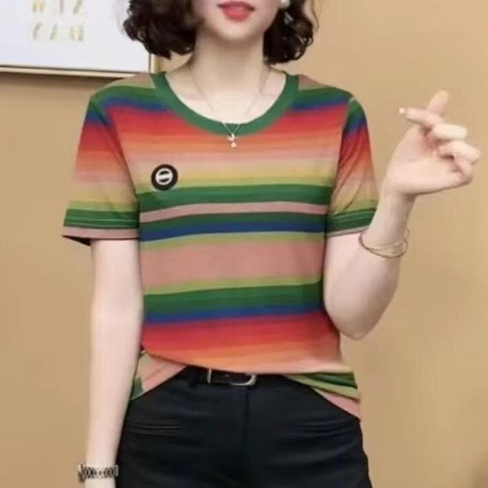 New Summer T-shirt Short-sleeved T-shirt Striped Fashionable Round Neck Mom Shirt Slim Top 5XL